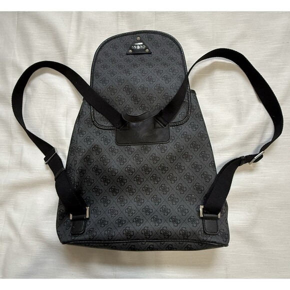 Guess Women’s Double Front Pocket Logo Backpack Handbag In Black/Gray - Picture 6 of 8